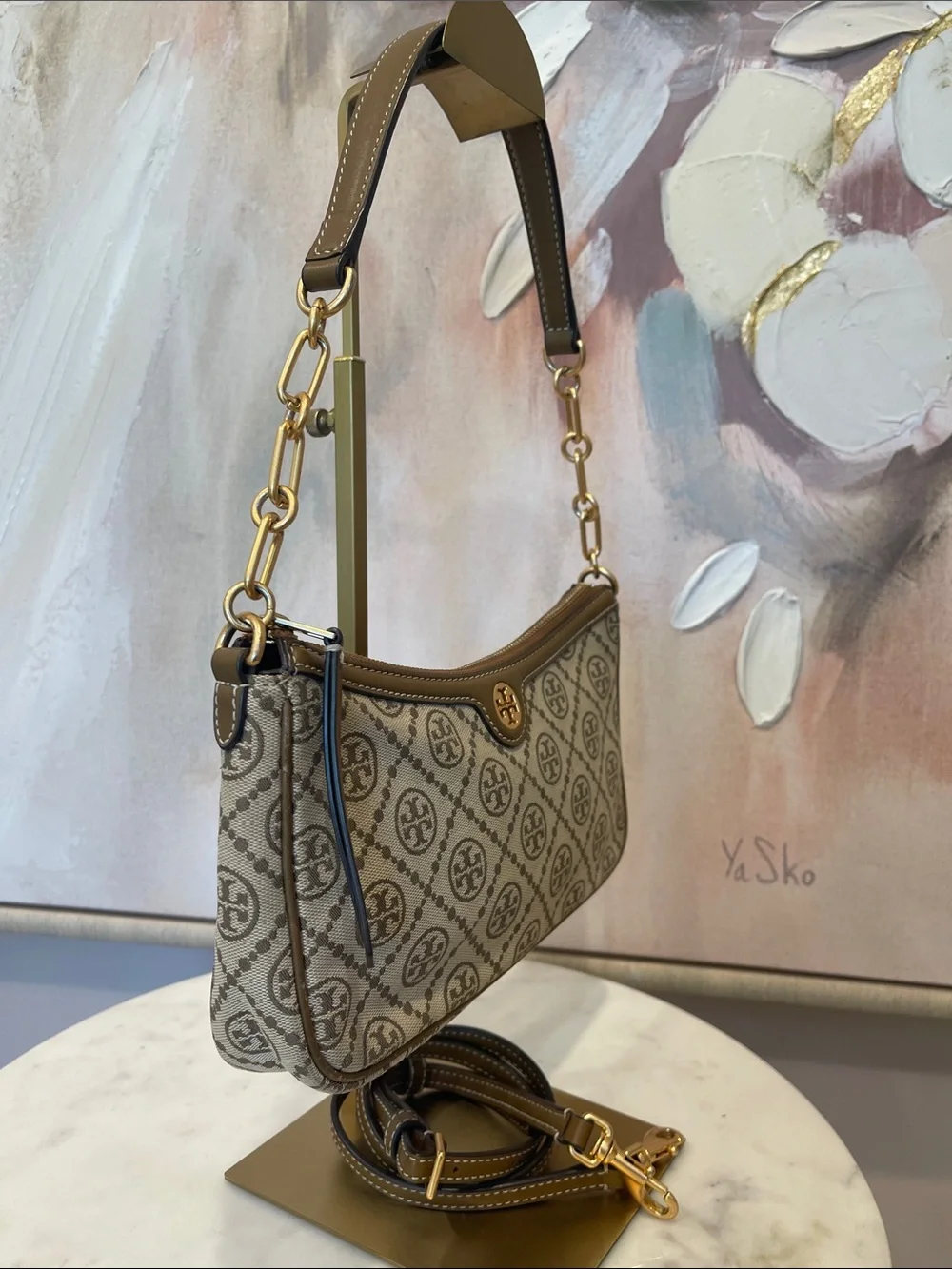 Tory Burch Beige Logo Jacquard Shoulder Bag with Gold Hardware Accent